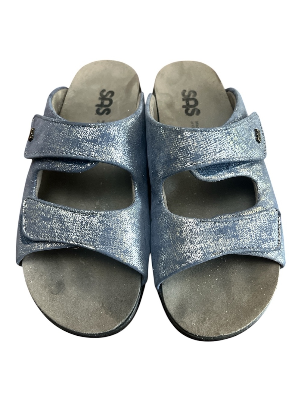 SAS Cozy Slide Sandals 8.5 Metallic Blue Silver Comfort Adjustable Leather Slide - Picture 2 of 6